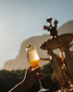A hand holding a champagne flute with a citrus peel garnish, sunlight sparkling on the drink, a fountain blur in the background.
